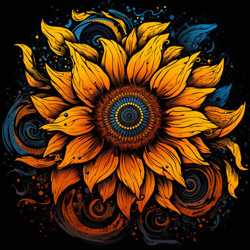 Intricate black design on luminous sunflower