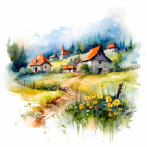 Village in Impressionistic Art style, on white background