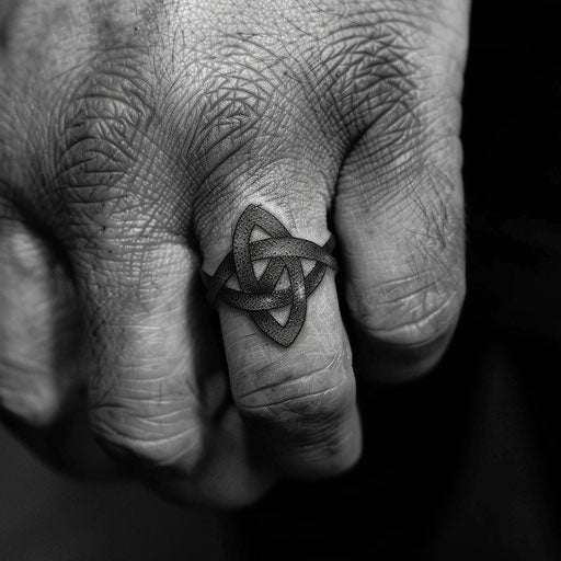 Wedding ring tattoo on finger with celtic knot design