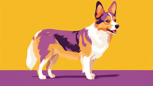 White and brown corgi dog on yellow background