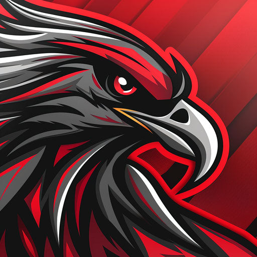Sporty eagle logo with sharp angles, red and black colors