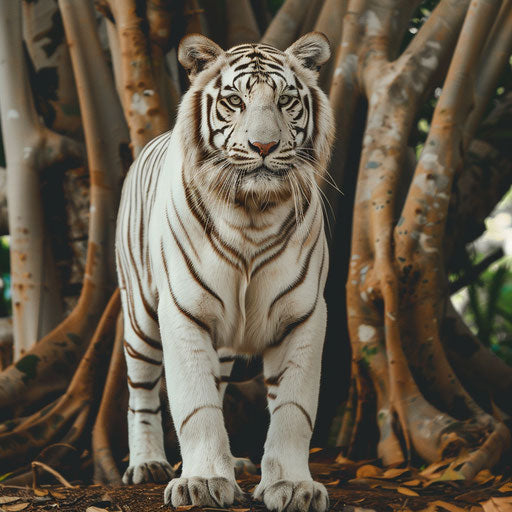 White tiger under canopy of ancient trees, guardian habitat