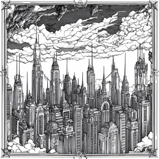 Gothic realistic urban skyline with dark details coloring book