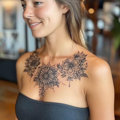 Shoulder tattoos for females with mandala designs, in the style of Maria Sibylla Merian