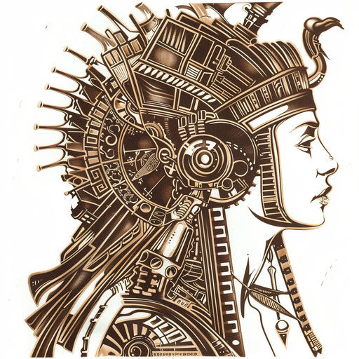 Steampunk Cleopatra tattoo stencil with mechanical elements, bronze ink on white
