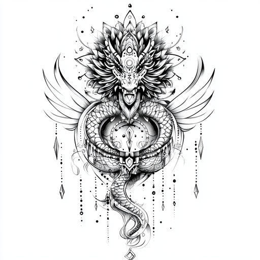 Flat tattoo sketch of dragon for women with mandala combo