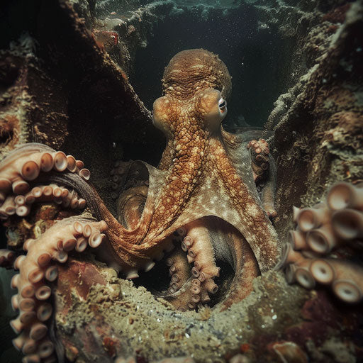 An octopus in the midst of a daring escape, squeezing through a