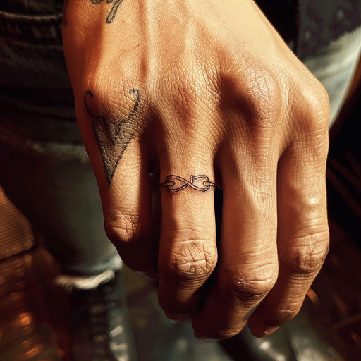 Delicate infinity symbol ring tattoo, Ami James style, on finger