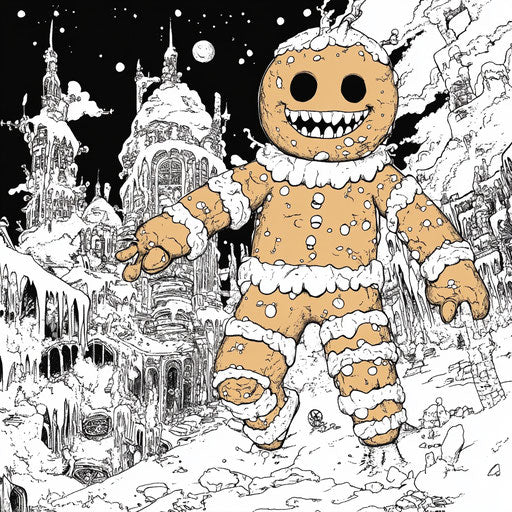 The fantastical gingerbread man with enchanted features, in the style of Mamoru Hosoda, coloring book page.