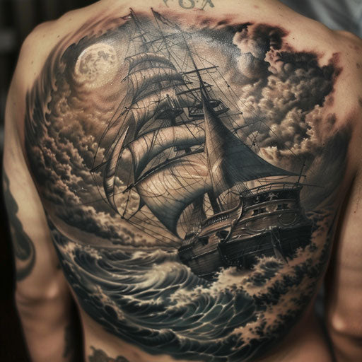 Realism tattoos of a stormy sea, in the style of J.P. Targete, on the side