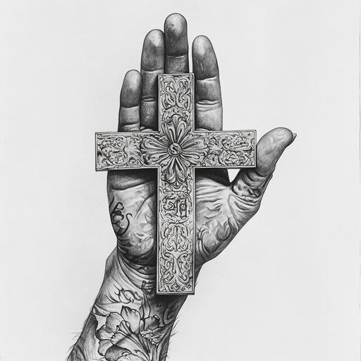 Cross tattoo and praying hand, grisaille style, matte drawing