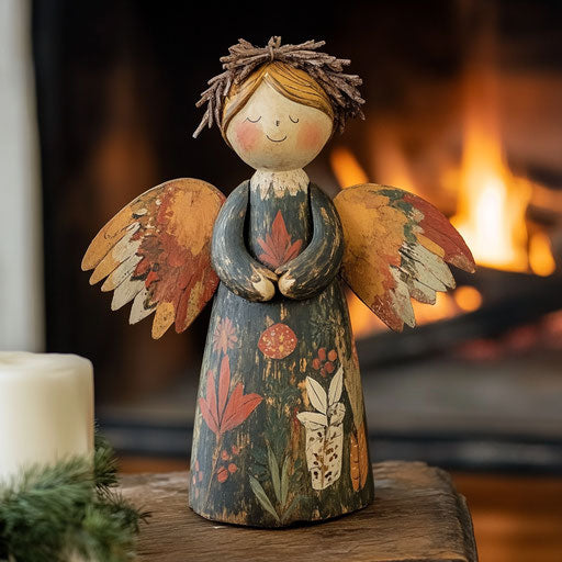 Rustic wooden angel with wings adorned with natural motifs by a fireplace