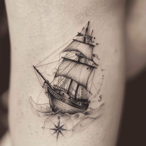 Nautical-themed memorial tattoo design with classic ship and compass
