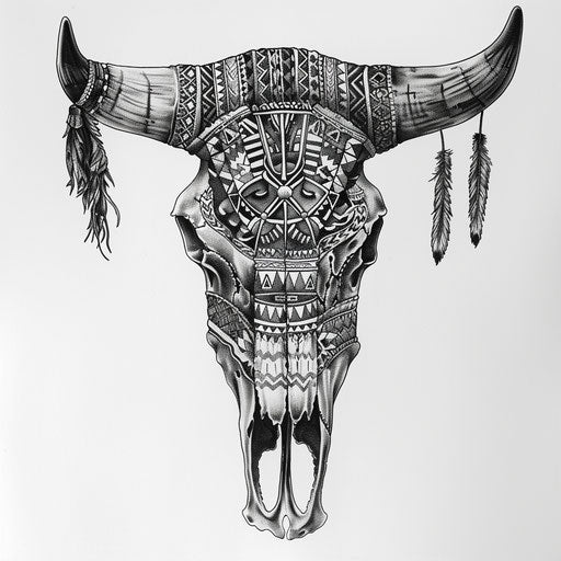 Bull skull tattoo with Aztec symbols on white background