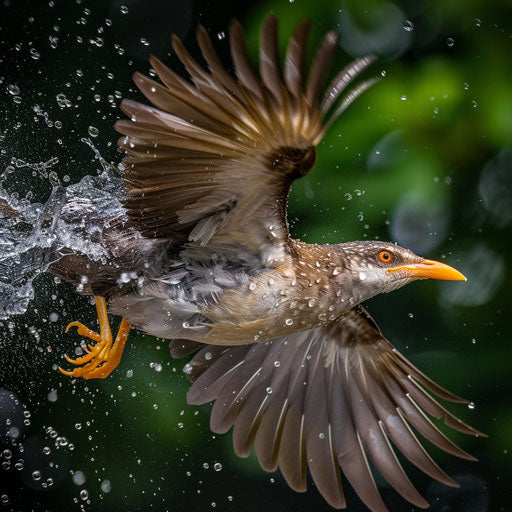 Yellow-billed cuckoo darting in the rain
