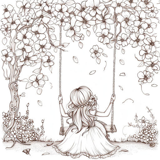 Princess on a swing under a cherry blossom tree