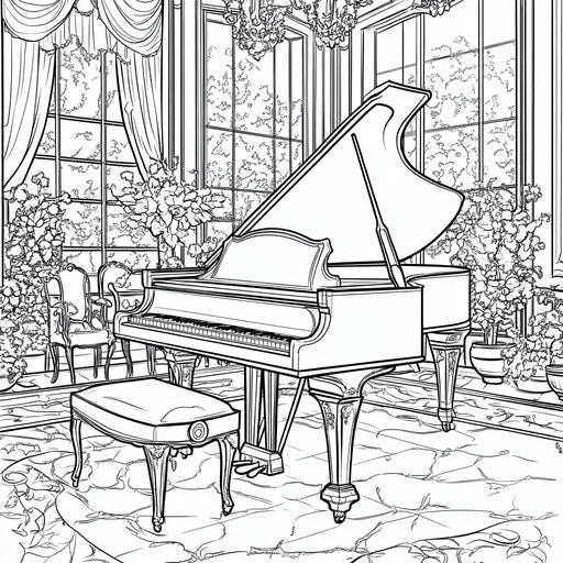 Grand piano in a ballroom, Ruben Ireland style, Coloring book page