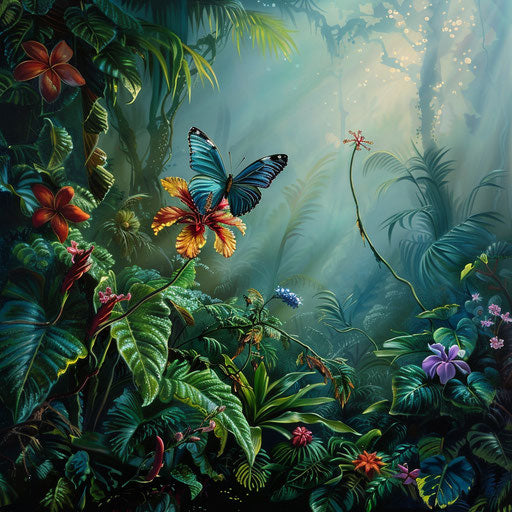 Blue butterfly on tropical flower in rainforest