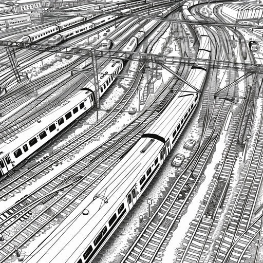 Detailed illustration of a train yard with multiple tracks and trains
