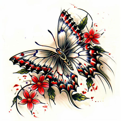 Butterfly with tribal flowers, intricate tattoo design