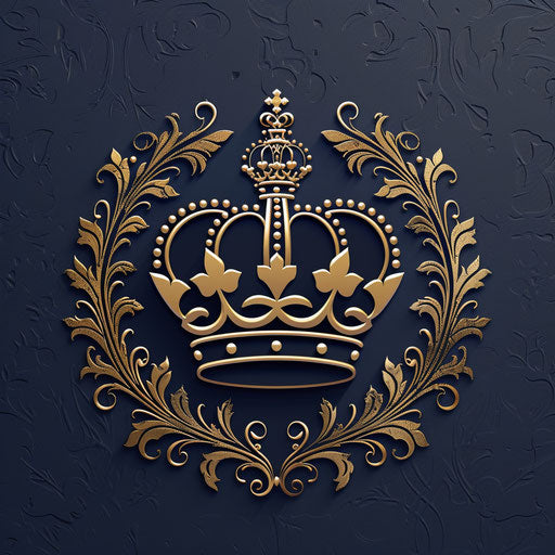 Gold and navy crown logo with sophisticated background