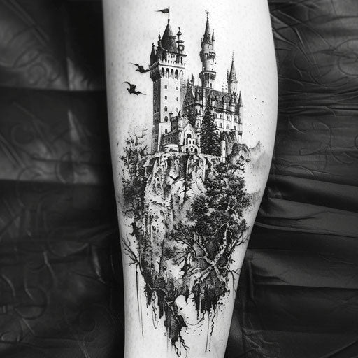 Black gothic style tattoo with haunted castle on white background