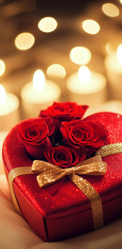 Red heart with roses, candle and gold ribbon, romantic vibe