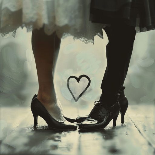 Feet of couple forming heart with their shoes