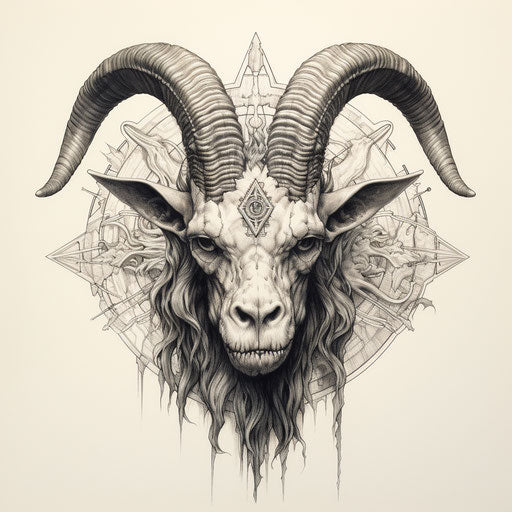 Goat head with pentagon, necronomicon style, harsh realism
