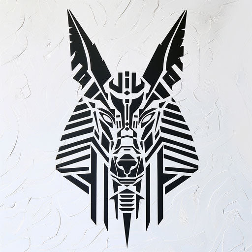Minimalist stencil of Anubis with geometric shapes on white canvas
