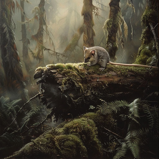 The mountain pygmy explores mossy log in dense foggy forest