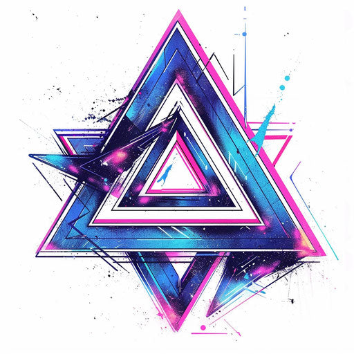 Futuristic triangle tattoo design with blue and pink lines