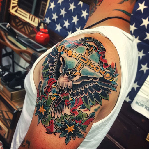 Colorful traditional shoulder tattoos for men