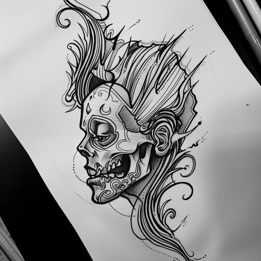 Stylish sketch of a shrunken head with art nouveau details