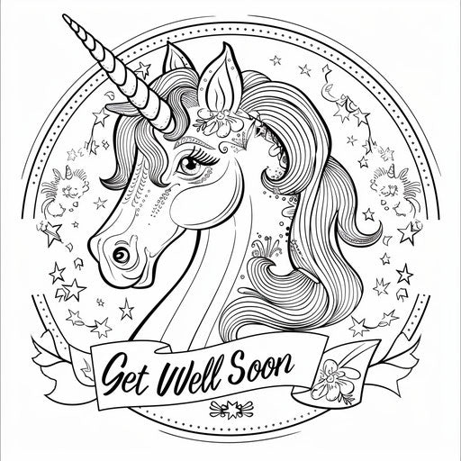 Magical unicorn with a 'Get Well Soon' banner
