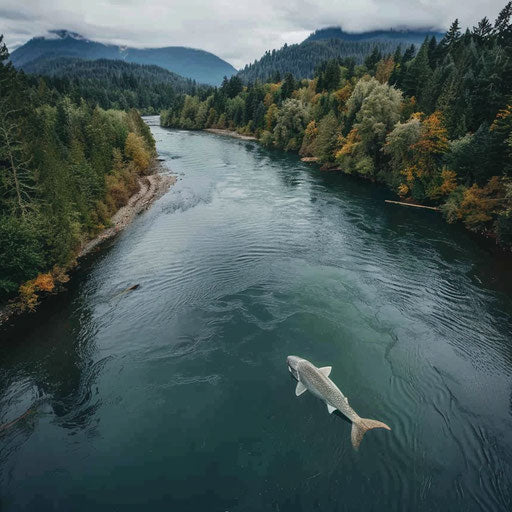 White sturgeon swimming upstream in a wild river