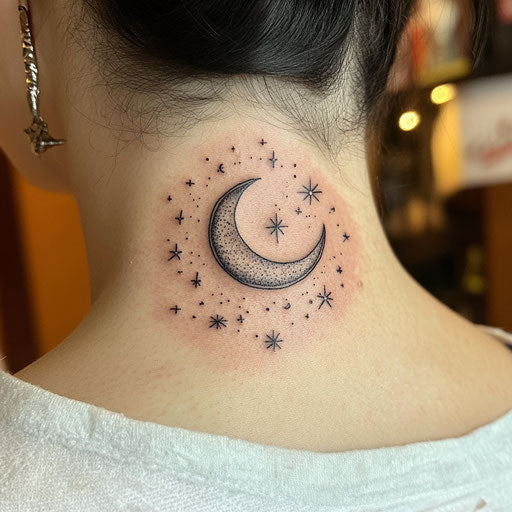 Small neck tattoos in the style of David Palumbo with a crescent moon and stars