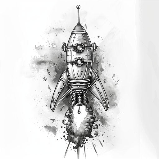Retro-futuristic rocket tattoo design with mechanical details and steam, on a white background.