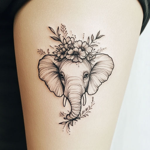 Small elephant with floral tattoo on white background