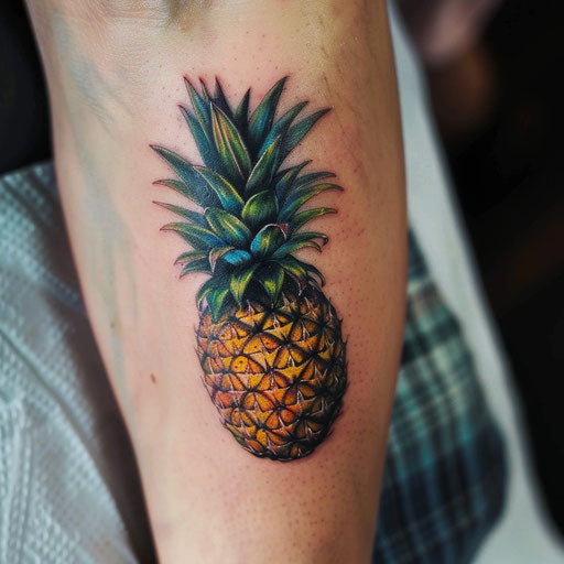 Realistic pineapple tattoo with natural colors on flat white background