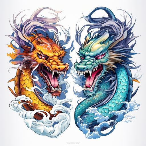 Cheated asian dragon tattoo designs on blue and white background