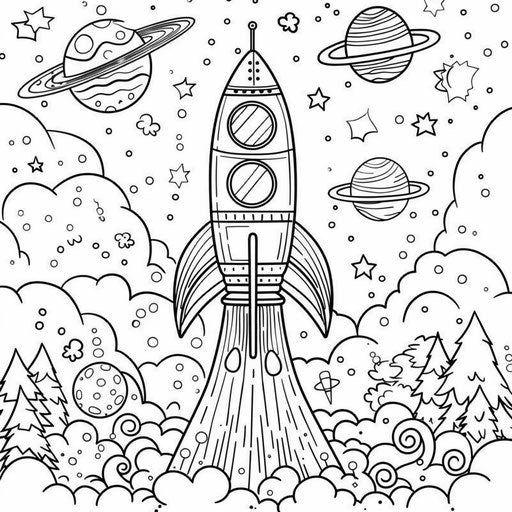 Whimsical rocket ship launching into space