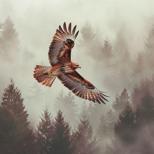 Red hawk soaring through a misty forest