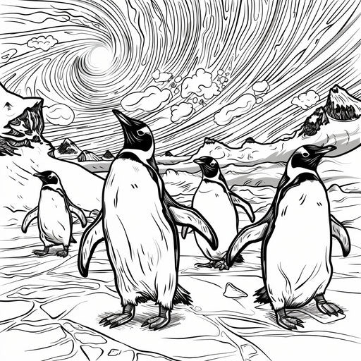 Penguins sliding under the northern lights. Coloring page