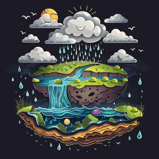 Water cycle clipart rendered in a realistic style on a flat, dark charcoal background