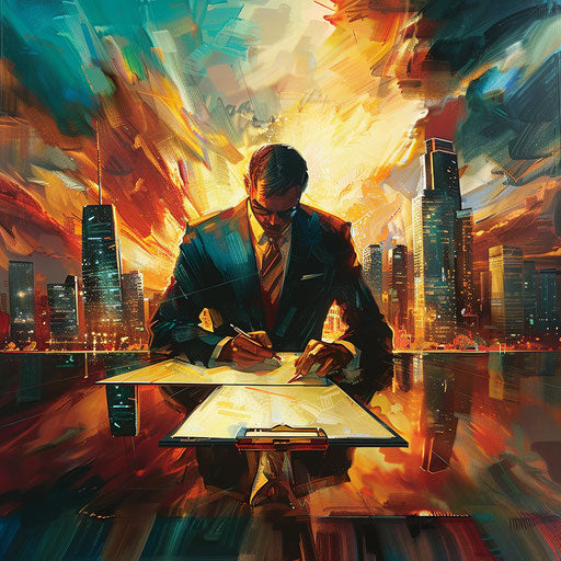 Successful entrepreneur signing a business deal in a luxurious boardroom, high-rise cityscape in the background