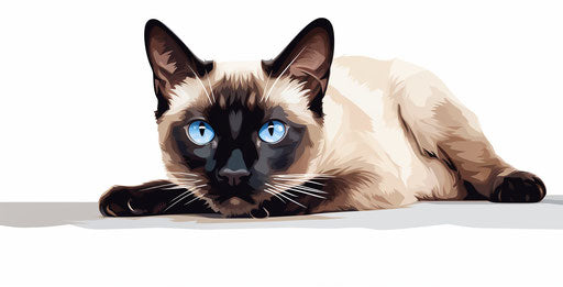 Siamese cat with blue eyes lying on a white surface