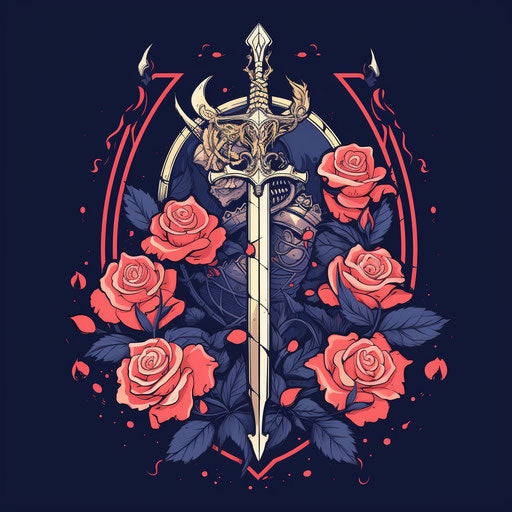 Sword Wrapped in Roses Surrounded by a Heart