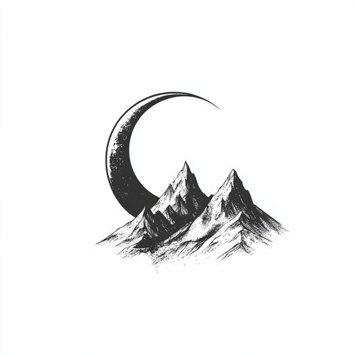 Male neck tattoo with crescent moon and mountain