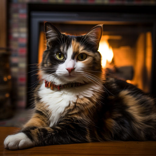 Calico cat in front of a fireplace fire